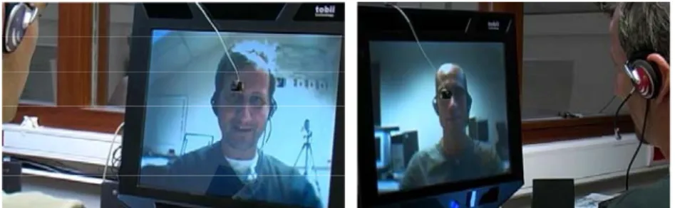 Figure 6. Mediated face-to-face conversation (from Raidt 2008). People sit in two different rooms and  dialog through couples of cameras, screens, microphones and loudspeakers