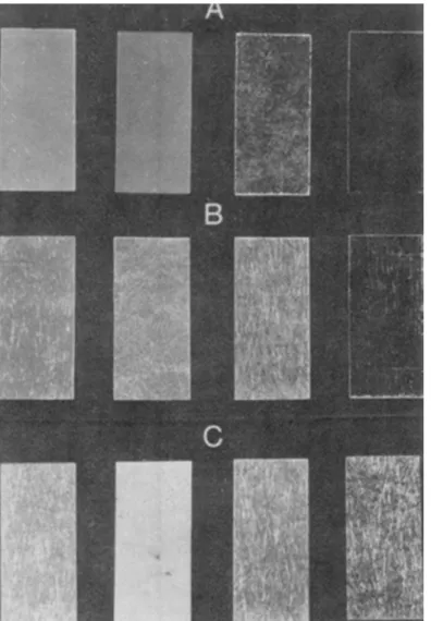 Figure 2. Different coloured flat sheets (aqua-marine, yellow, colourless, green) weathered for  5 years
