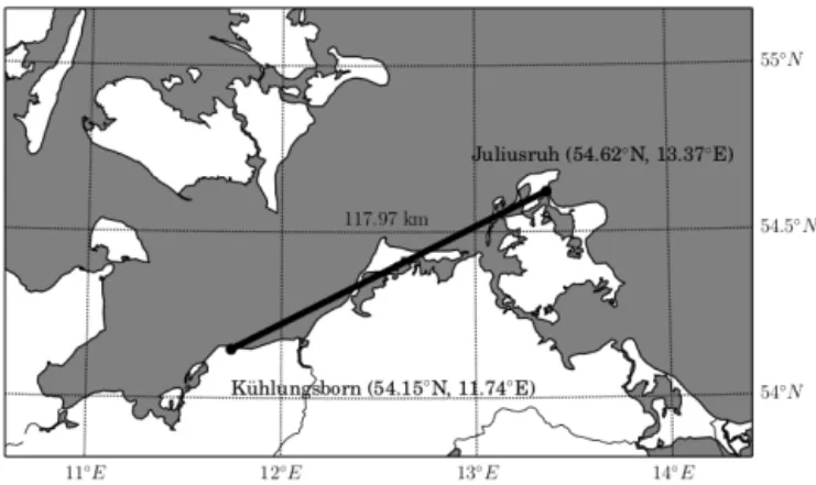 Figure 3. Geometry for the bistatic meteor radar experiment. The transmitter was located in Juliusruh, and the receiver was located at Kühlungsborn, a 118 km great-circle distance from the transmitter.