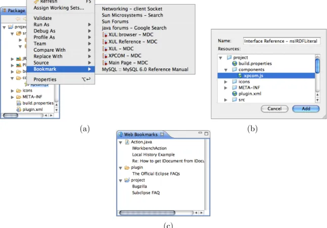 Figure 5: (a) Eclipse and (b) Firefox bookmark creation interfaces and (c) Eclipse bookmark view, showing bookmarks attached to an artifact and its containers.