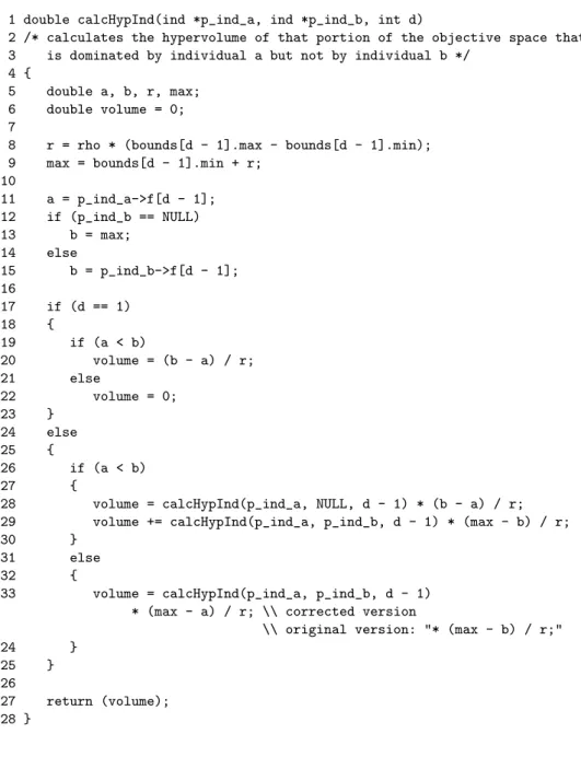 Fig. 2. The source code snippet of the PISA implementation of IBEA and the bug in line 33