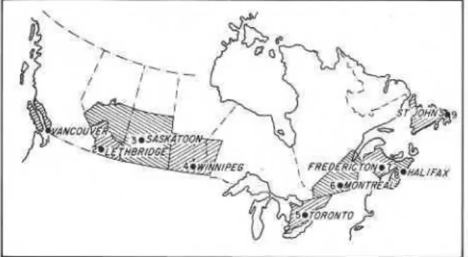Fig.  6.  Map  of  Canada  showing  extent  of  'climatic  zones' and 'reference city' locations