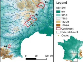 Figure 1. Locations of the catchments studied, with a topo- topo-graphic visualisation at a resolution of 25 m (Source – IGN; MNT BDALTI).