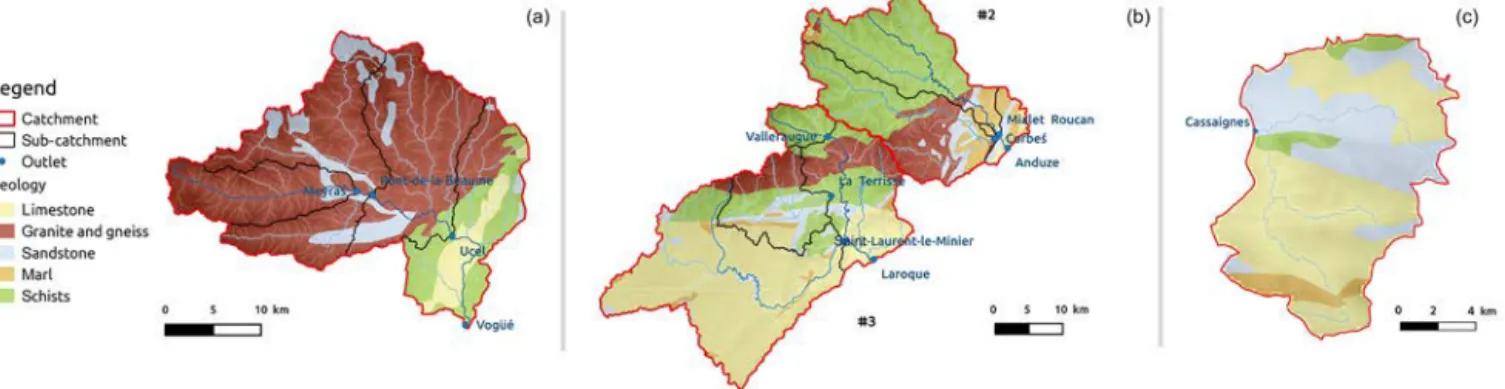 Figure 2. The geology of the Ardèche catchment (a), the Gard and Hérault catchments (b), and the Salz catchment (c) (sources: BD Million- Million-Géol, BRGM).