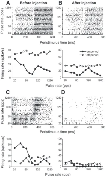 Figure 6. Effect of barbiturate in two single units from rabbit IC. A–B, Unit with high spon- spon-taneous rate and suppressive responses to pulse trains.C–D, Unit with multiple spike responses to each pulse at low rates and rebound responses at high pulse
