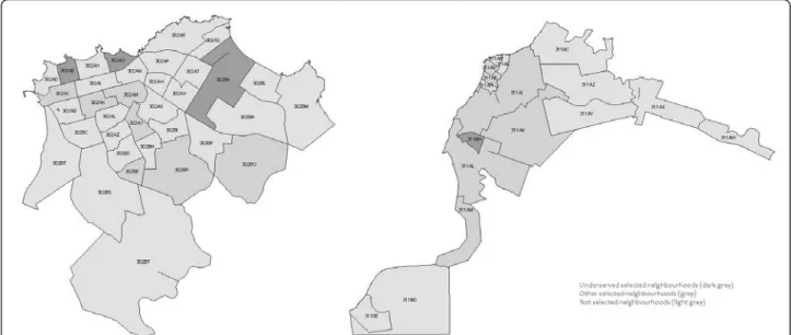 Figure 1 Map of the randomly selected neighbourhoods in Cayenne and Saint-Laurent du Maroni.