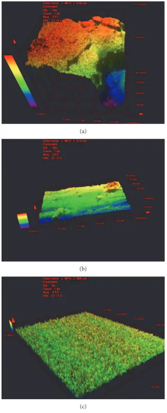 Figure 11: 3D images (0 &lt; x &lt; 1280 μ m; 0 &lt; y &lt; 960 μ m; z variable) obtained from surface samples analyzed with confocal laser scanning microscope: (a) mortar W/C = 0.4, 600 steps of 2 μm with an optical zoom x10, (b) mortar W/C = 0.5, 250 ste