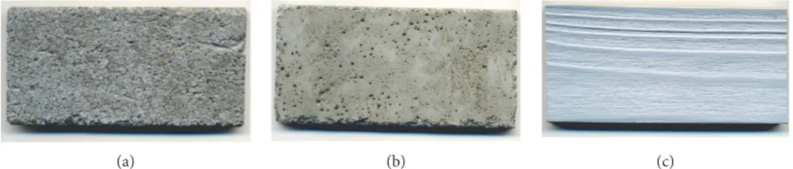 Figure 3: Surface appearance of substrates tested: mortar W/C = 0.4 (a), mortar W/C = 0.5 (b), and painted wood (c)