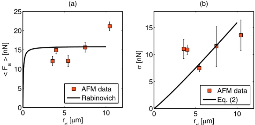 Fig. 1. Mean (a) and spread (b) of the adhesion force distribution, measured by AFM against the dust radius (squares)
