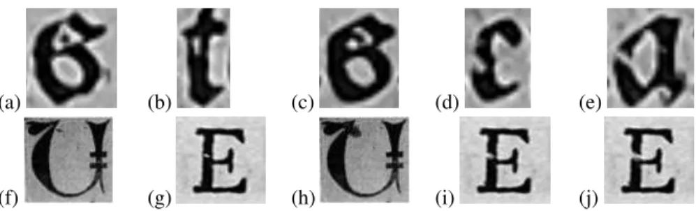 Figure 2. Exemples de trois types du bruit dans les documents réels : (a)/(b) deux taches sombre/claires non connectées au bord d’un caractère ; (c)/(d) deux taches sombre/claires touchant un caractère ; (e) un caractère coupé