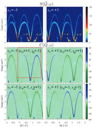 FIG. 4: Dynamical structure factor calculated in the linear approximation from the minimal model (see text) to compare with the measurements of Fig
