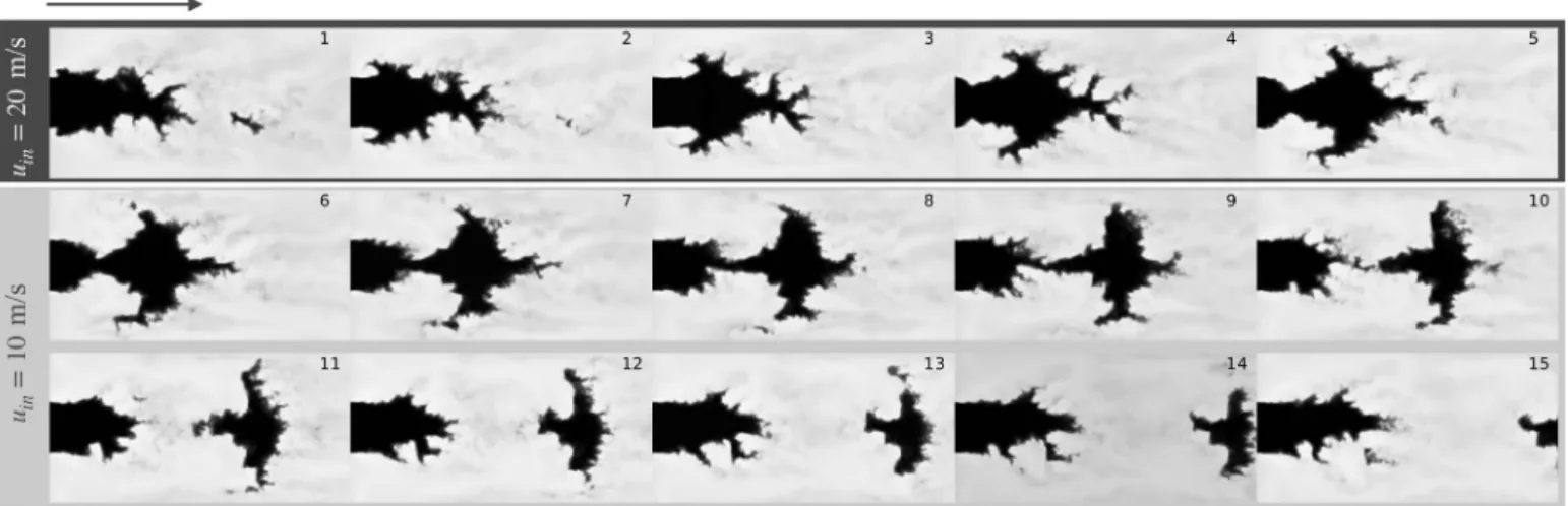 Fig. 7. View of c in the  ( x  − y  )  plane at z  =  0 for all snapshots (  1  − 15  ) of DNS3