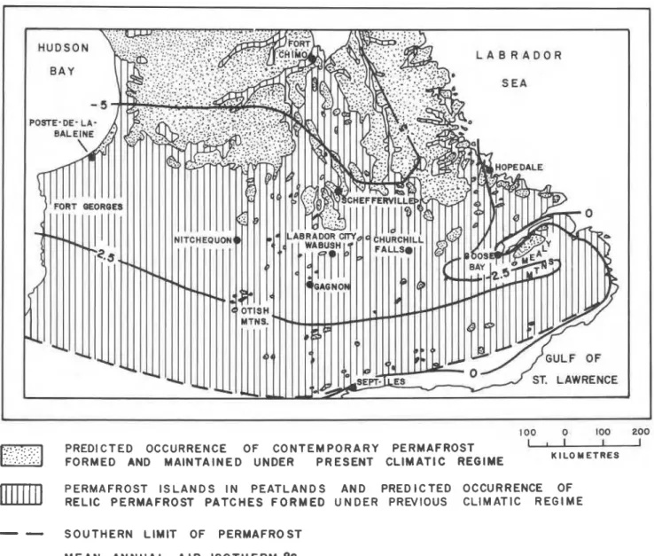 FIGURE  1.  Permafrost  distribution  in  Nouveau-Quebec  and  La  rbpartition  du  perg6lisol  au  Nouveau-QuBbec  et  au  La-  Labrador  (after  BROWN, 1967, 1978; IVES, 1962)