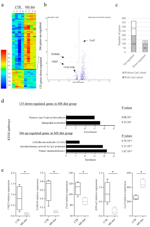 Figure 2.  Transcriptomic profile of colonic mucosa upon MS diet feeding. mRNA-seq was performed on RNA  from colonic mucosa (n = 4 for CTR, n = 4 for MS diet)