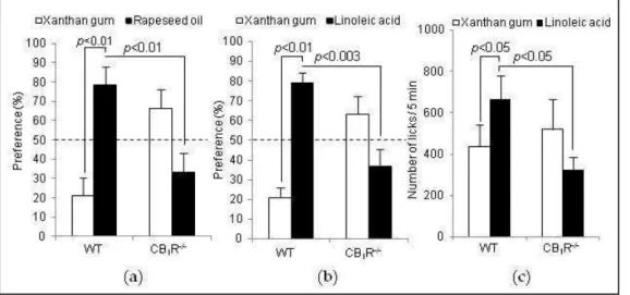 Figure  35.  Effect  of  CB 1 R  gene  invalidation  on  preference  for  lipids.Two  bottles  (control  and  experimental) were simultaneously offered to WT and CB 1 R -/-  mice for 12 hours