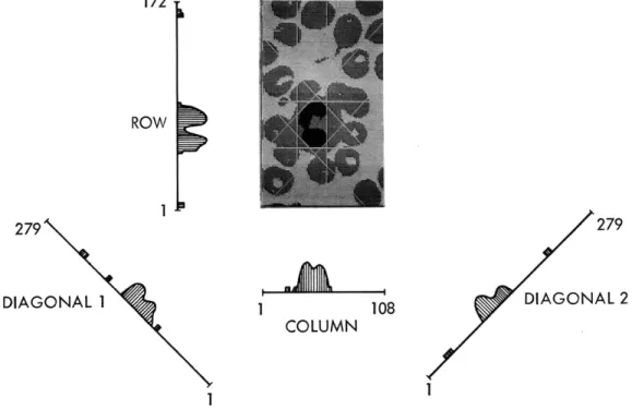 Fig.  XIV-3.  Typical  picture  showing  its  four  histograms  and  the nucleus  limits  determined  from  the  histograms.