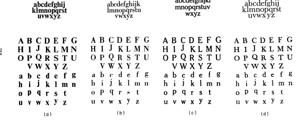Fig.  XV-8.  Type  fonts.  Upper:  original.  Lower:  CSD  reproduction.  (a)  Baskerville, (b)  Bodoni,  (c)  Cheltenham  Medium,  (d)  Times  Roman  Bold.