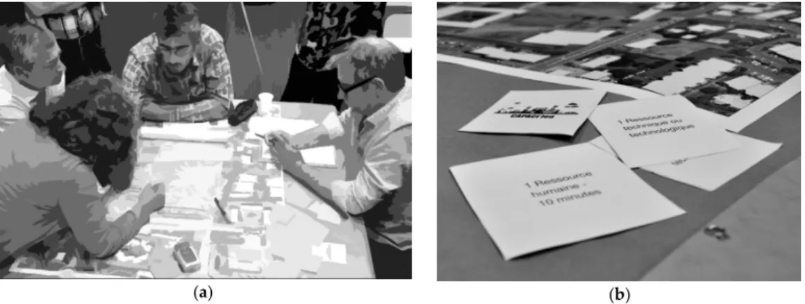 Figure 3. (a) Team in action; (b) playing cards used. 