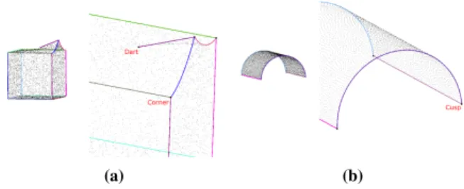 Figure 5: Junction recovery. (a) a dart and multiple corners are recovered from the smooth feature model; (b) multiple border cusps are recovered from the half cylinder model