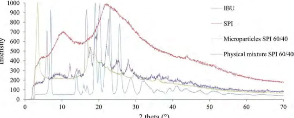 Fig. 6. DR-X patterns of ibuprofen, SPI, microparticles, and physical mixture of SPI/IBU 60/40