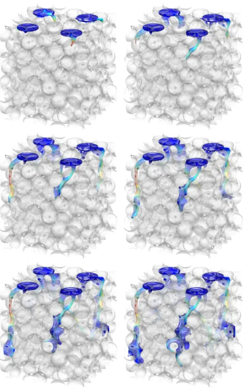 Figure 2. Diﬀerent snapshots of an isosurface of the passive tracer α (at level 0.5) ﬂowing through a pore network of silica micro-spheres