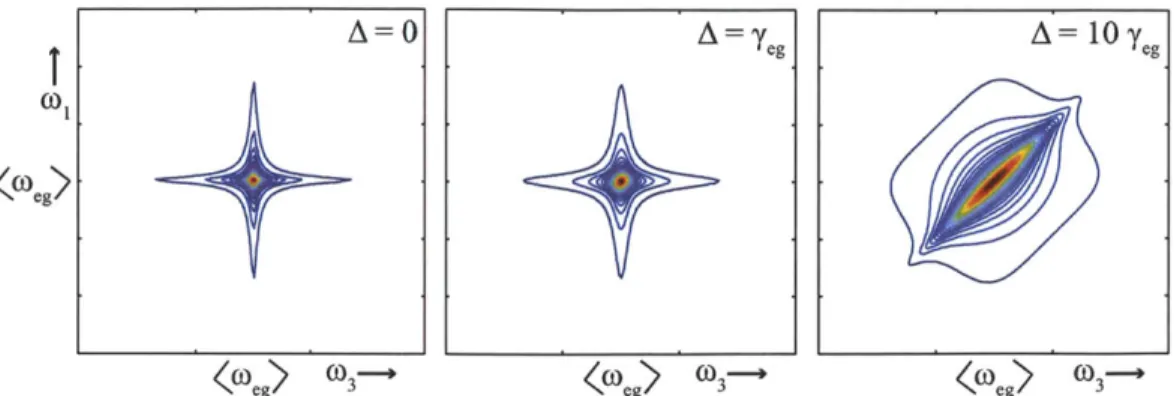 Figure  2-6:  Frequency-domain  two-dimensional  photon echo.  Going from  left  to  right displays  signals  with  increasing  inhomogeneity  (A),  showing  the  increasing   broad-ening  along  the  diagonal  frequency  while  maintaining  a  narrow  lin