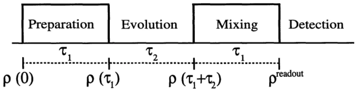 Figure  4-2:  The  basic  form  of a  multiple-quantum  NMR  experiment  [63]  - (i) Prepara- Prepara-tion:  Creating  the  highly correlated  multiple-quantum  states