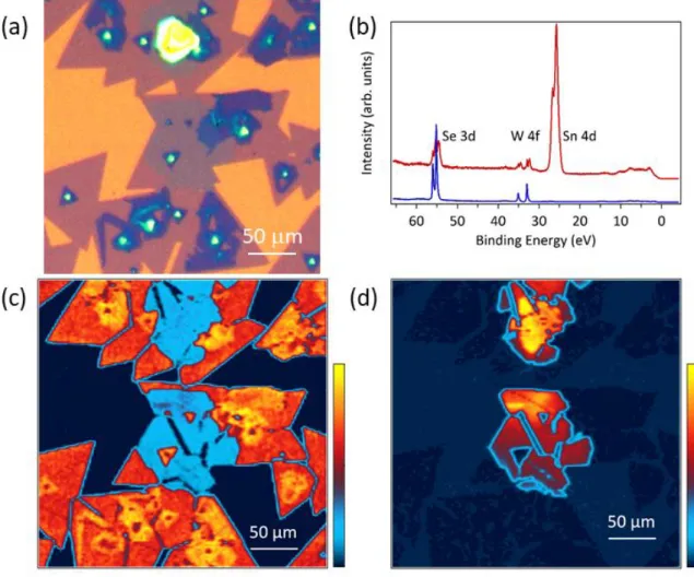 Figure  3:  Nano-XPS  maps  of  the  SnS 2 /WSe 2   heterostructure:  a)  Optical  image  of  a  probed  region  on  the  specimen, which contains the flakes