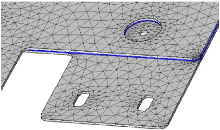 Fig. 2. détail d’un busbar maillé avec Comsol Multiphysics (en bleu : la couche de PET isolante)