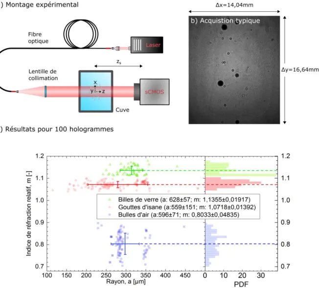 Figure 2: (a) Schéma du dispositif expérimental. (b) Hologramme type enregistré par le capteur