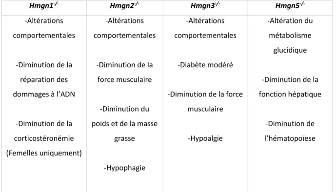 Tableau 8 : Phénotype des différents modèles murins de déficience en Hmgn1, Hmgn2, Hmgn3 et Hmgn5