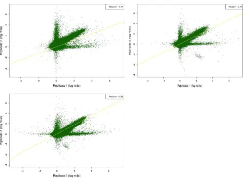 Figure S2.11 Replicate comparison. Correlation of three biological replicates after RINGO  normalization with a p-value cutoff of 0.02