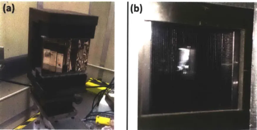 Figure  3-20:  Photographs  of  spin  analyzing  devices,  using  (a)  Heusler  crystals mounted  on  focusing  blades  and  (b)  stacked  supermirrors  enclosed  in  a   magnetiz-ing  field.