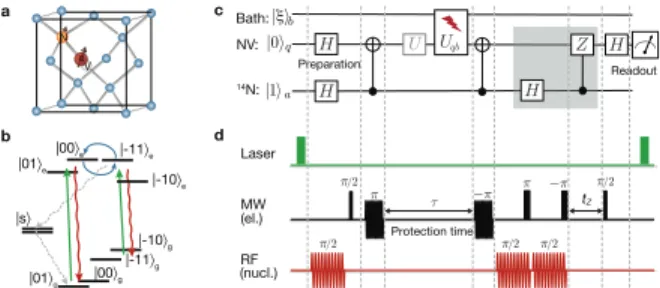 FIG. 1. Feedback algorithm and experimental imple- imple-mentation. (a) NV centre in diamond and (b) relevant energy levels of the spin system, showing polarisation  pro-cesses under optical illumination [15]