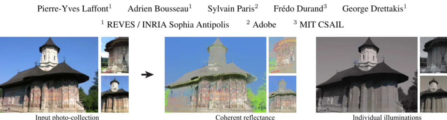 Figure 1: Our method leverages the heterogeneity of photo collections to automatically decompose photographs of a scene into reflectance and illumination layers