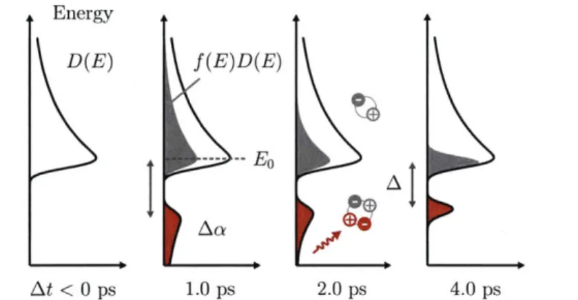 Figure  3.5:  Time  evolution  of  the  exciton  energy  distribution  (gray)  and  the  corresponding biexciton  induced  absorption A a  (red) through the  cooling  process.
