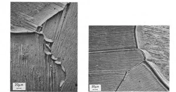 Fig.  10.  a  (left) Mzgration  of  grain  boundary  under  low  stresses;  the  striations  indicate  the  ( o o o r )   directions
