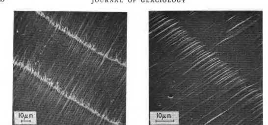 Fig.  (L  a  (left) Dislocation  whiskers  i n  parallel  rows  o f  pile-ups.  b  (right) Centrally depressed etch pits  i n  a pile-up