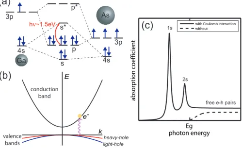 Figure 5-1: (a) Energy level diagram in the electron and hole representation showing the origin of different exciton states in bulk GaAs based on the underlying atomic orbital and spin states