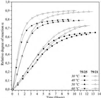 Figure 3. Relative degree of reaction as a function of time for two stoichio- stoichio-metric ratios obtained with the dynamic experiment.