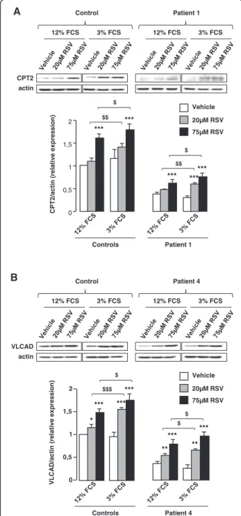 Figure 5 Effects of resveratrol on FAO flux according to the FCS content in the culture medium, in control and  FAO-deficient fibroblasts