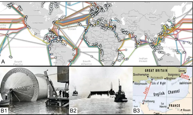 Figure 1-1: (A) Network of international submarine cables, as of 2014. (B) Operation PLUTO