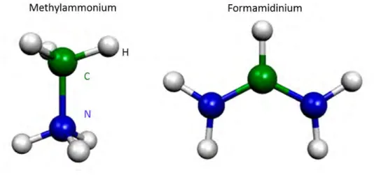 Figure 1.5: Structure of Methylammonium and Formamidinium cations. Reprinted from Reference [Amat 2014]