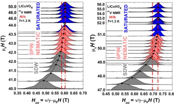 FIG. 2. Field dependence of the 51 V NMR spectra in LiCuVO 4 for H k c (left) and H k b (right) at T = 1.3 K, normalized to their peak intensity