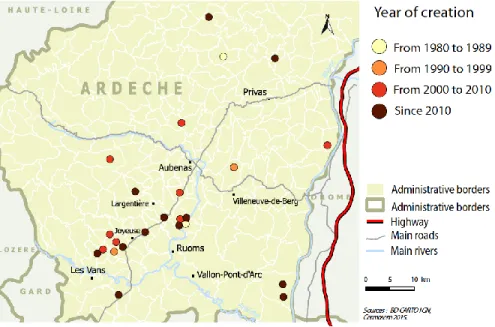 Figure 2. Location and year of creation of alternative projects in Ardèche 