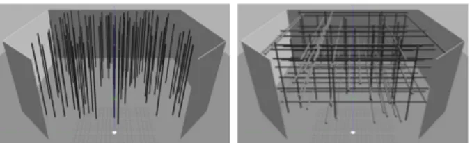 Fig. 4. View of a 2D (100 vertical cylinders) and a 3D (90 vertical or horizontal cylinders) simulated test