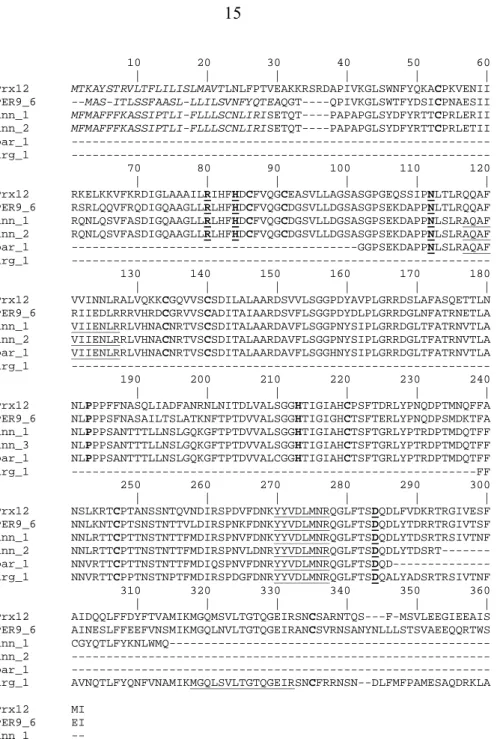 Fig. 4: Amino acid sequences of fragments of Helianthus peroxidases comprising  peptides identified by LC-MS/MS