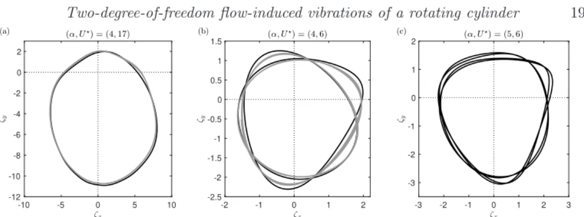 Figure 12. Typical trajectories of the rotating cylinder in the large-amplitude vibration region:
