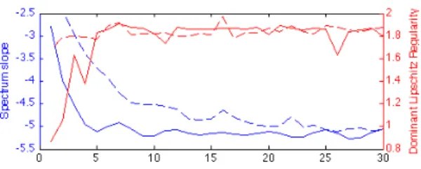 Figure 2 : Analyze of ground-truth velocity field: evolu- evolu-tion of the WPS slope (continuous blue) and dominant Lipschitz regularity α 0 (continuous red), as functions of the wavelet VM
