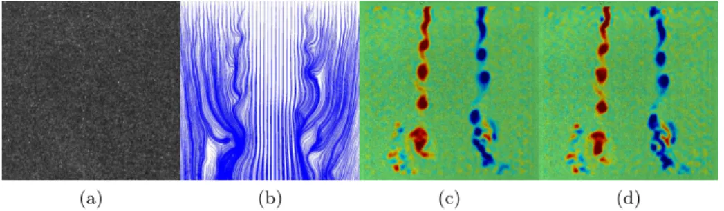 Fig. 3. Sample estimated motion fields from 2D planar jet PIV dataset: detail of input PIV image (3a), streamlines (3b) and vorticity (3c)